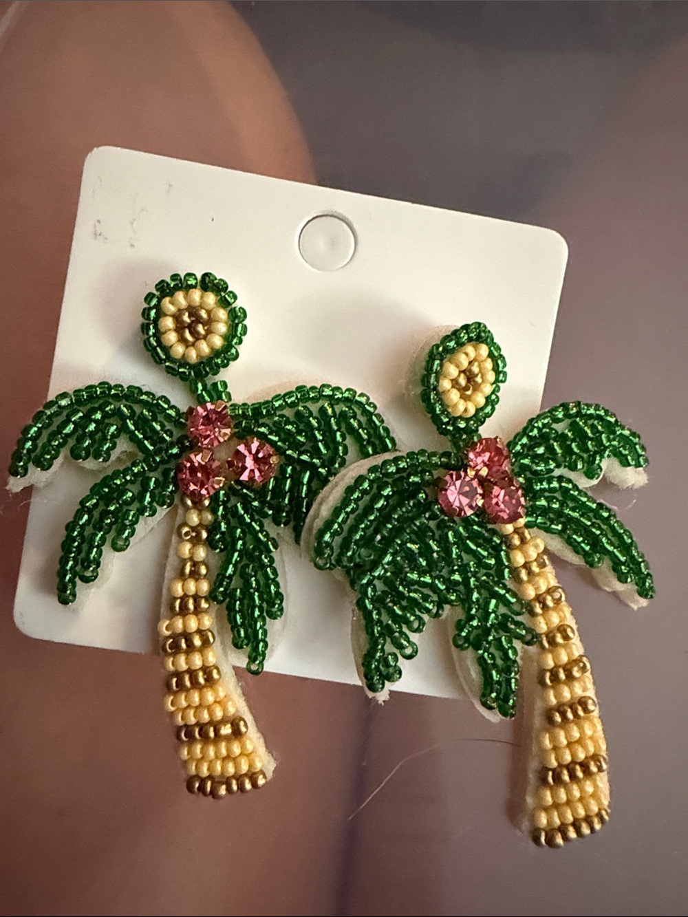 Beaded Palm Tree Statement Earrings - Green & Gold women’s
